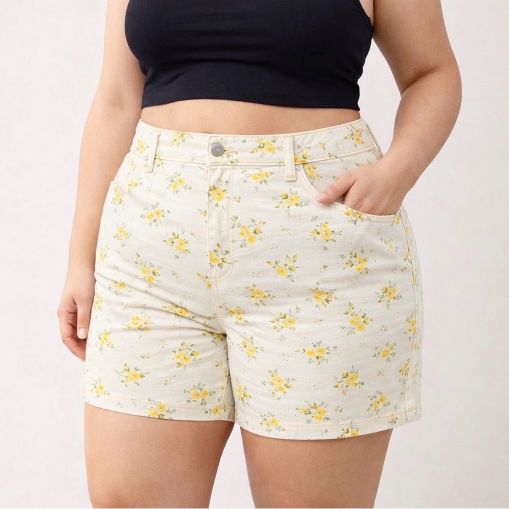 JUDY BLUE Shorts 3X Floral Stretch High Rise 5 pocket Yellow Boho Spring Summer